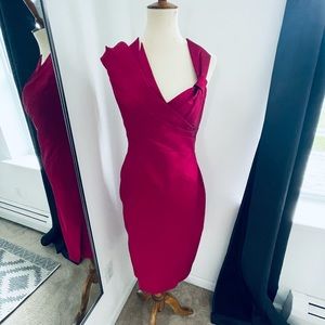 KAREN MILLEN MAGENTA SATIN CUT OUT EVENING DRESS